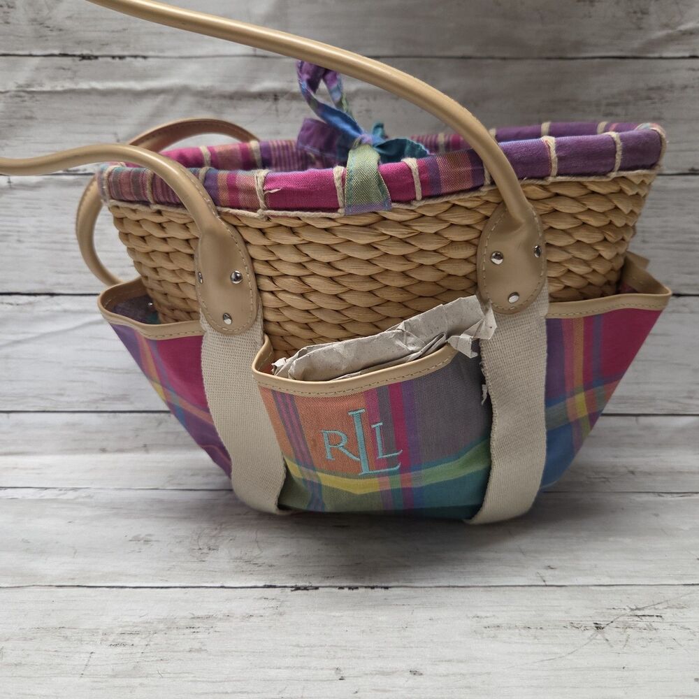 Lauren Ralph Lauren Woven Straw Basket Tote Bag PlaidMulticolor Canvas Beach Bag - Picture 11 of 12